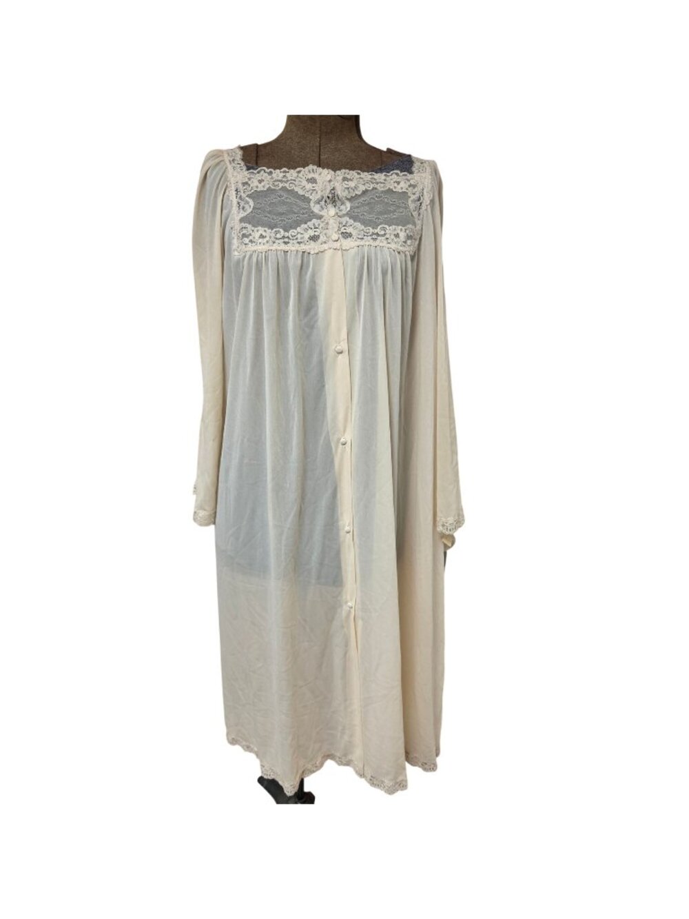 Miss Elaine Womens Sz L Ivory Long Robe Lace Trim Button Front Silver Label